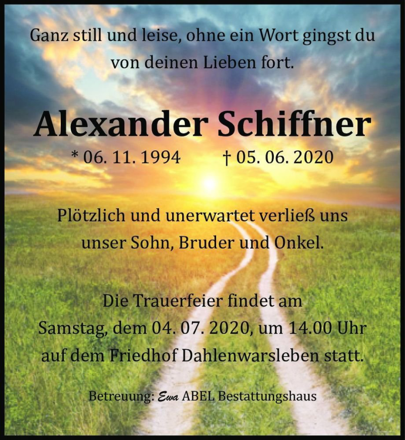 Traueranzeige für Alexander Schiffner  vom 27.06.2020 aus Magdeburger Volksstimme