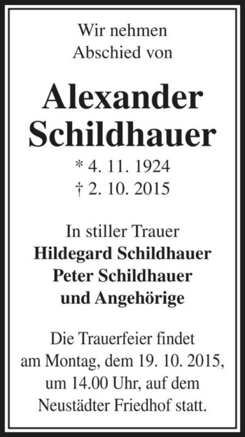 Traueranzeige von Alexander Schildhauer  von Magdeburger Volksstimme