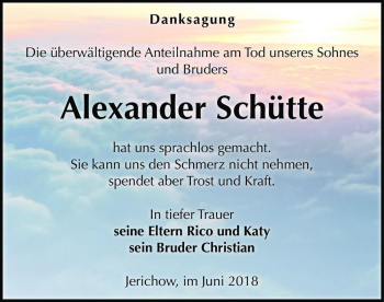Traueranzeige von Alexander Schütte  von Magdeburger Volksstimme