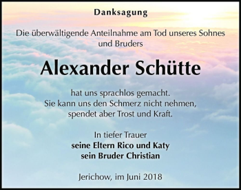 Traueranzeige von Alexander Schütte  von Magdeburger Volksstimme