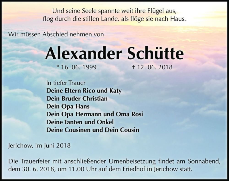  Traueranzeige für Alexander Schütte  vom 16.06.2018 aus Magdeburger Volksstimme
