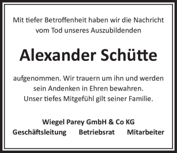Traueranzeige von Alexander Schütte  von Magdeburger Volksstimme