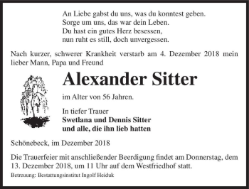 Traueranzeige von Alexander Sitter  von Magdeburger Volksstimme