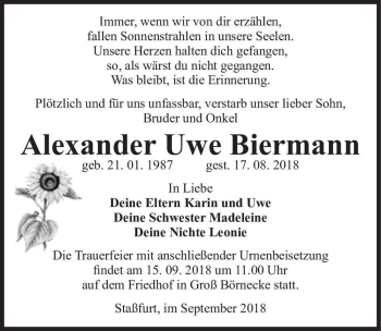 Traueranzeige von Alexander Uwe Biermann  von Magdeburger Volksstimme