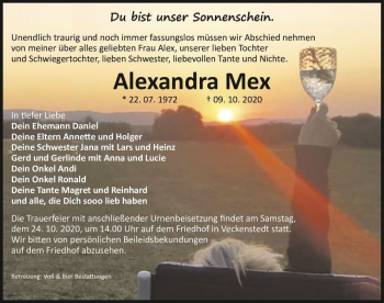 Traueranzeige von Alexandra Mex  von Magdeburger Volksstimme