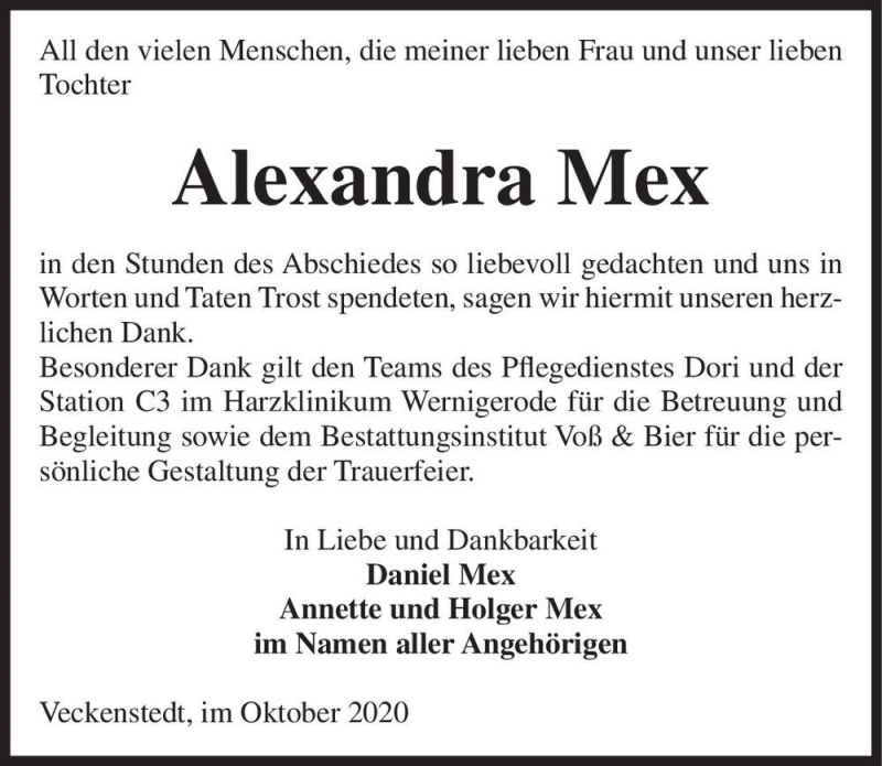  Traueranzeige für Alexandra Mex  vom 14.11.2020 aus Magdeburger Volksstimme