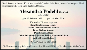 Traueranzeige von Alexandra Podehl (Nana) (geb. Müller)  von Magdeburger Volksstimme