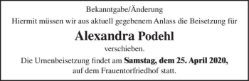 Traueranzeige von Alexandra Podehl  von Magdeburger Volksstimme