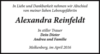Traueranzeige von Alexandra Reinfeldt  von Magdeburger Volksstimme
