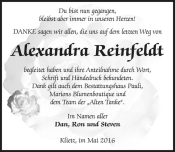Traueranzeige von Alexandra Reinfeldt  von Magdeburger Volksstimme