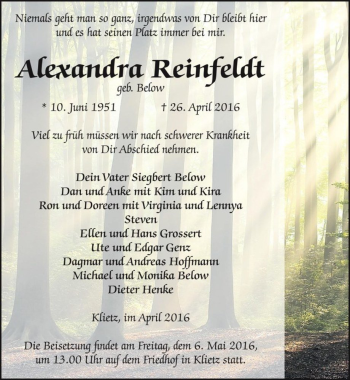 Traueranzeige von Alexandra Reinfeldt (geb. Below)  von Magdeburger Volksstimme