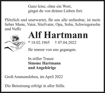 Traueranzeige von Alf Hartmann  von Magdeburger Volksstimme