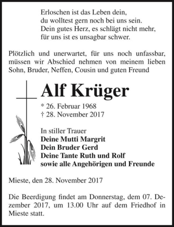 Traueranzeige von Alf Krüger  von Magdeburger Volksstimme