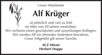 Traueranzeige von Alf Krüger  von Magdeburger Volksstimme