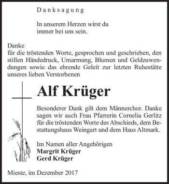 Traueranzeige von Alf Krüger  von Magdeburger Volksstimme