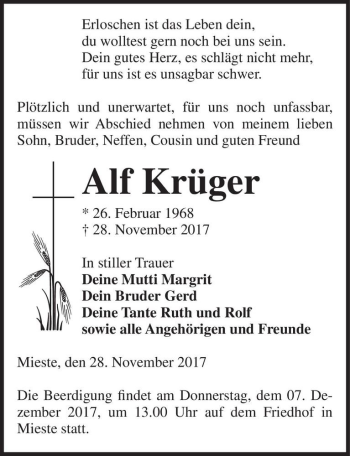 Traueranzeige von Alf Krüger  von Magdeburger Volksstimme