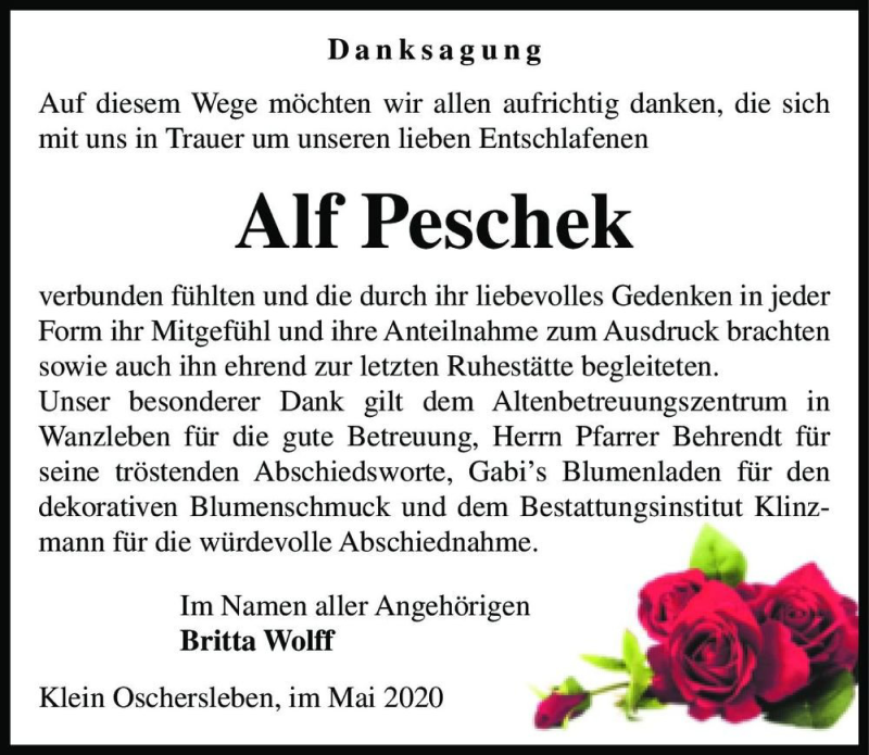  Traueranzeige für Alf Peschek  vom 23.05.2020 aus Magdeburger Volksstimme