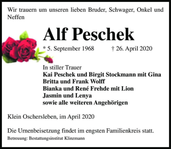 Traueranzeige von Alf Peschek  von Magdeburger Volksstimme