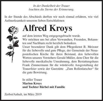 Traueranzeige von Alferd Kroys  von Magdeburger Volksstimme