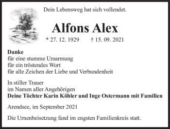 Traueranzeige von Alfons Alex  von Magdeburger Volksstimme