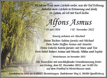 Traueranzeige von Alfons Asmus  von Magdeburger Volksstimme
