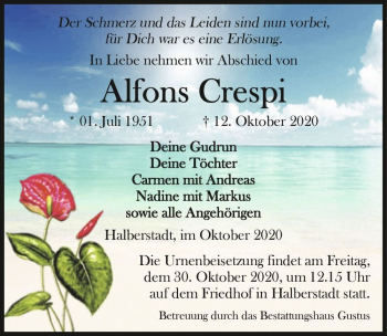 Traueranzeige von Alfons Crespi  von Magdeburger Volksstimme