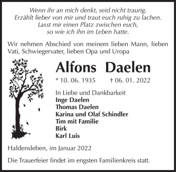 Traueranzeige von Alfons Daelen  von Magdeburger Volksstimme