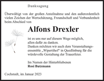 Traueranzeige von Alfons Drexler  von Magdeburger Volksstimme