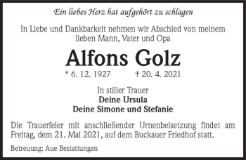 Traueranzeige von Alfons Golz  von Magdeburger Volksstimme