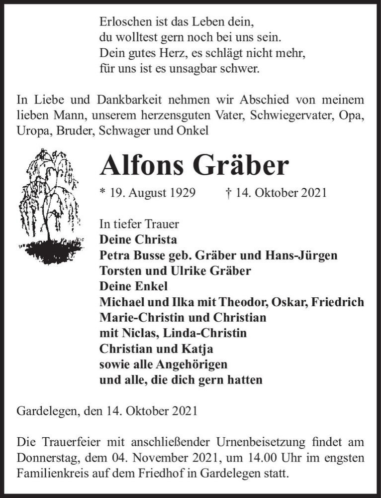  Traueranzeige für Alfons Gräber  vom 20.10.2021 aus Magdeburger Volksstimme