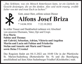 Traueranzeige von Alfons Josef Briza  von Magdeburger Volksstimme