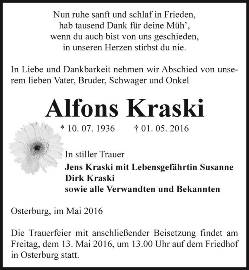  Traueranzeige für Alfons Kraski  vom 12.05.2016 aus Magdeburger Volksstimme