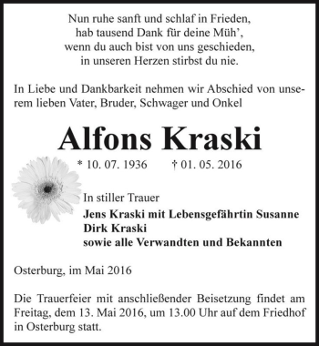 Traueranzeige von Alfons Kraski  von Magdeburger Volksstimme