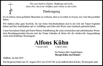 Traueranzeige von Alfons Kühn  von Magdeburger Volksstimme