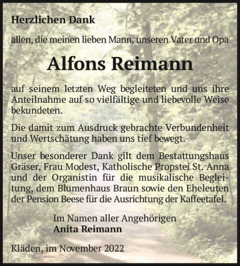 Traueranzeige von Alfons Reimann  von Magdeburger Volksstimme