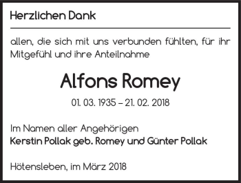 Traueranzeige von Alfons Romey  von Magdeburger Volksstimme
