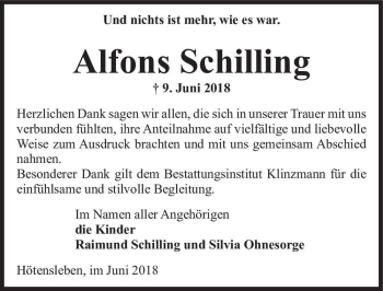 Traueranzeige von Alfons Schilling  von Magdeburger Volksstimme