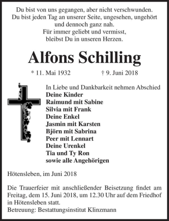 Traueranzeige von Alfons Schilling  von Magdeburger Volksstimme