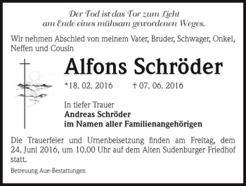 Traueranzeige von Alfons Schröder  von Magdeburger Volksstimme