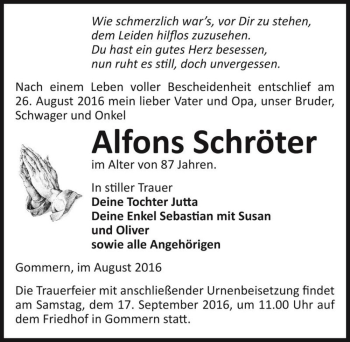 Traueranzeige von Alfons Schröter  von Magdeburger Volksstimme