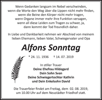 Traueranzeige von Alfons Sonntag  von Magdeburger Volksstimme