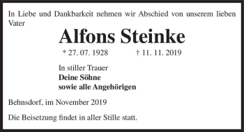 Traueranzeige von Alfons Steinke  von Magdeburger Volksstimme