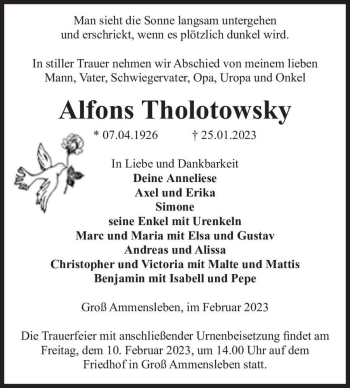 Traueranzeige von Alfons Tholotowsky  von Magdeburger Volksstimme