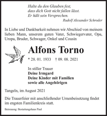 Traueranzeige von Alfons Torno  von Magdeburger Volksstimme
