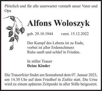 Traueranzeige von Alfons Woloszyk  von Magdeburger Volksstimme