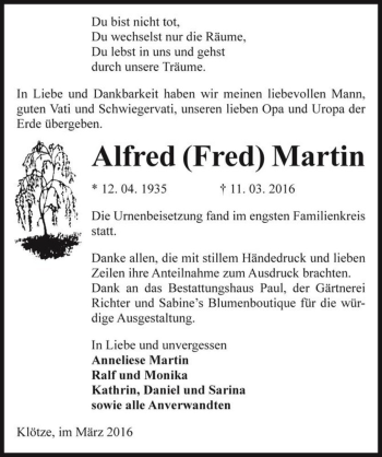 Traueranzeige von Alfred (Fred) Martin  von Magdeburger Volksstimme
