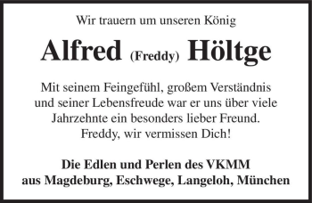 Traueranzeige von Alfred (Freddy) Höltge  von Magdeburger Volksstimme