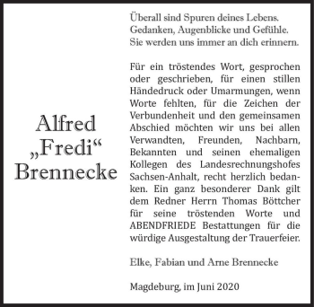 Traueranzeige von Alfred (Fredi) Brennecke  von Magdeburger Volksstimme