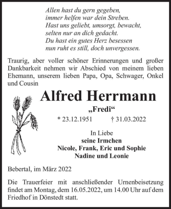 Traueranzeige von Alfred 