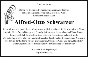 Traueranzeige von Alfred-Otto Schwarzer  von Magdeburger Volksstimme